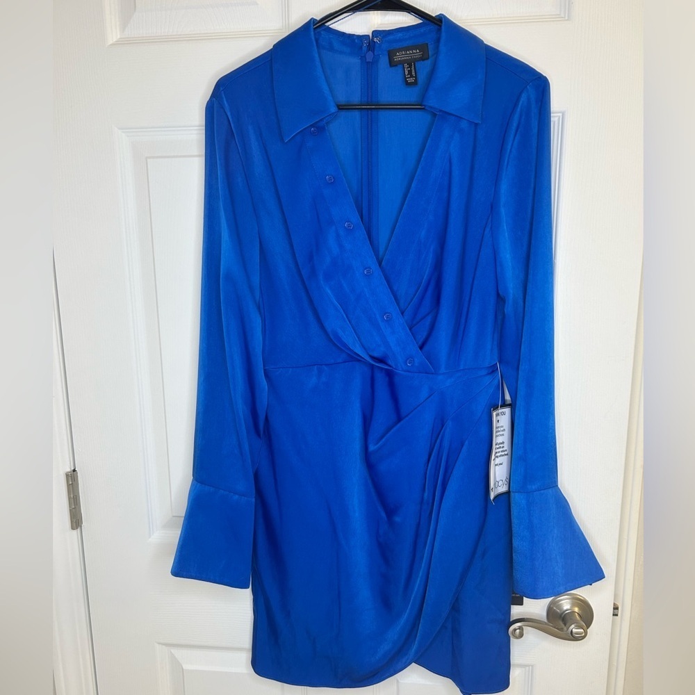 ADRIANNA PAPELL faux SATIN WRAP DRESS WITH LONG SLEEVES dark blue size 8 NWT